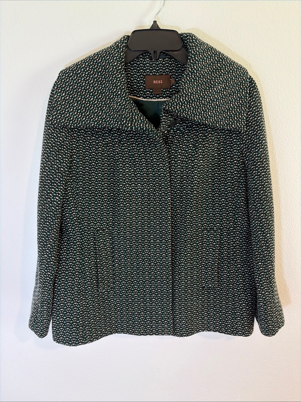 Reiss Black and White Tweed Pea Coat with Wide Collar size L wool blend jacket
